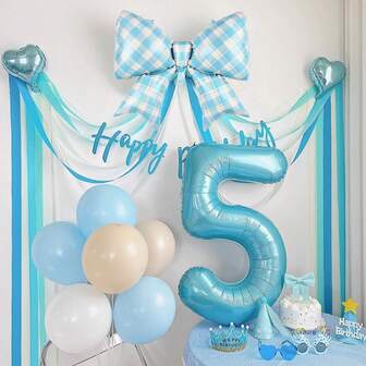 2pcs - Numeric Bowknot Combo Set, Includes 40-Inch Faux Pearl Blue 0-9 Number Foil Balloons, Blue Plaid Bowknot Balloons, Suitable For Birthday, Blue Themed Party, Baby Shower, Wedding Anniversary