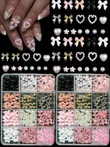 12格盒装混合树脂仿珍珠蝴蝶结、心形、迷你花卉装饰，适用于DIY美甲配件、多功能可爱美甲用品、美甲饰品、美甲宝石 - 彩色 - 查看 2