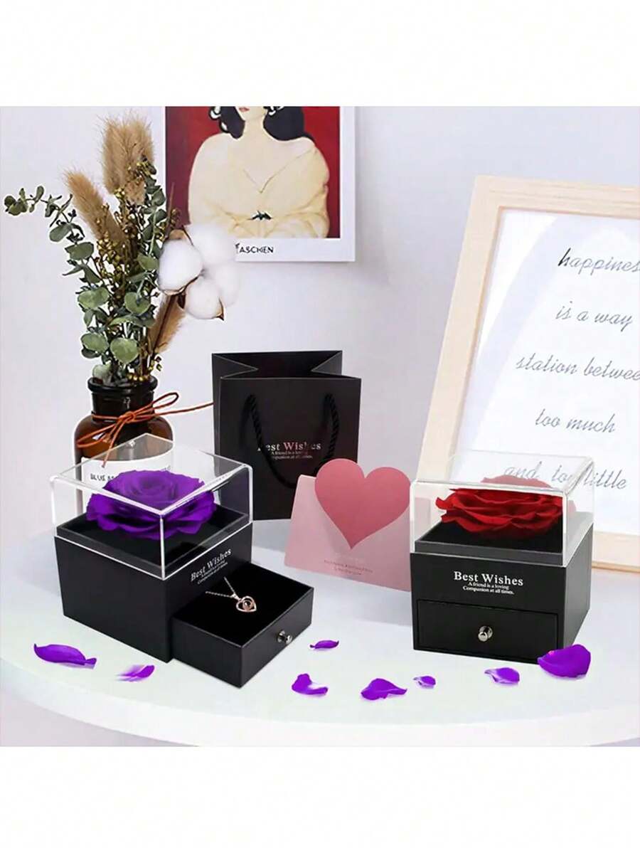 1件套人造玫瑰礼盒及项链套装，100种语言“我爱你”项链及永生玫瑰花礼品，适合母亲节、情人节、周年纪念日、生日等场合，送给女士、母亲、妻子和女友。