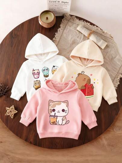 3件套女婴休闲印花连帽卫衣，秋冬季 - 可爱的连帽衫为每个孩子带来欢乐！趣味十足、色彩缤纷的连帽衫激发想象力，印有河马、猫咪和冰淇淋图案，是幸运宝宝的理想之选。