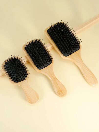 1 Stück große quadratische Luftpolster Bambus Kamm, Paddel-Stil Bambus Haarbürste mit Griff, unisex, Wildschweinborsten und Nylonborsten, geeignet für trockenes/nasses Haar, sanfte Massage, einfaches Entwirren, tragbare Pflegebürste, Kopfhautmassage, geeignet für feines/lockiges/trockenes Haar (Gelb)