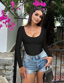 Tummy Control Shapewear Tank - Women's Long Sleeve Scoop Neck Body Shaper, Slimming Compression Top - màu đen - Xem 4