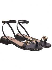 Women's Flat Sandal With Metal Embellishment, Sole With Appliques, Low Heel - Munita - 黑色 - 查看 4
