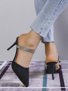 Summer New Rhinestone Pointed Toe Thin Heel Closed Toe Backless Sandals For Women - Black - View 5