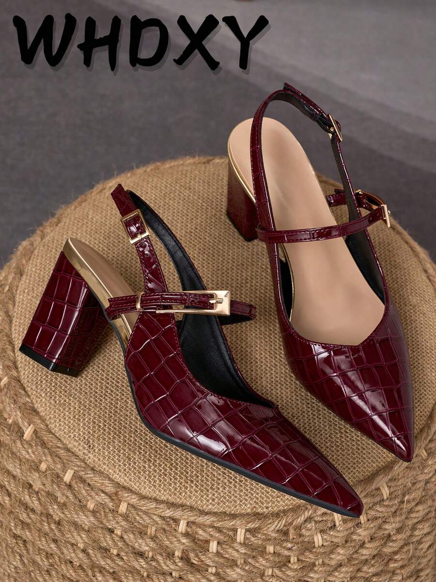 WHDXY Burgundy Crocodile Embossed Chunky Heel Pointed Toe High Heels, Women's Shoes With Lace-Up Design, Fashionable For Daily Wear, Work, And Parties - Màu Đỏ Sâu - Xem 1