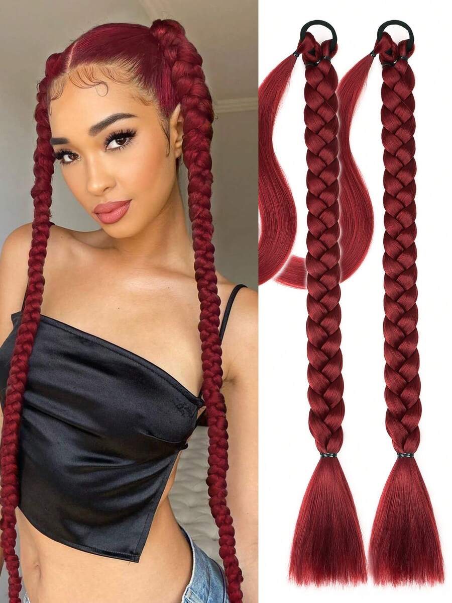 2pcs Long Braided Ponytail Wigs, With Hair Ties, Circular Straight Synthetic Wigs, Natural Soft, Suitable For Women Daily Wear, 26 Inches, 30 Inches, 34 Inches, Wine Red