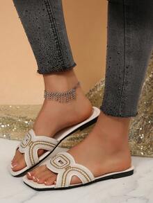 Sandale elegante de lux cu strasuri și perle, fără slip-on, ușoare, pentru femei, sandale la modă cu sclipici, pentru vacanța de vară și ținutele de interior - Bej - Vizualizare 4