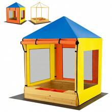 Kids Wooden Sandbox W/ Canopy Sand Pit W/ Windows & Curtains Bench & Storage - 彩色 - 查看 9