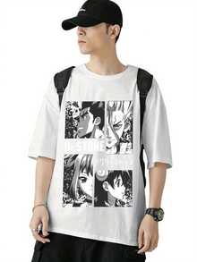 Dr. Stone Men's Oversized Graphic T-Shirt - Casual Street Style, Short Sleeve, Crew Neck, Black With White Print, Loose Fit, All Season Clothing, Casual Outfit | Crew Neck T-Shirt | Printed Design - 黑色 - 查看 7