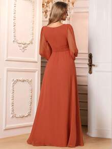 Elegant Chiffon Round Neck Lantern Sleeve Long Sleeve Pumpkin Orange Bridesmaid Dress, Suitable For Special Occasions, Galas, Wedding Guests In Winter - Burnt Orange - View 3