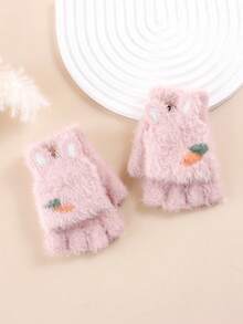 1 Pair Kids Solid Carrot-Print Fuzzy Convertible Fingerless Gloves - Cozy Cute, Ideal For Autumn/Winter Daily Study & Play - Carrot - View 3