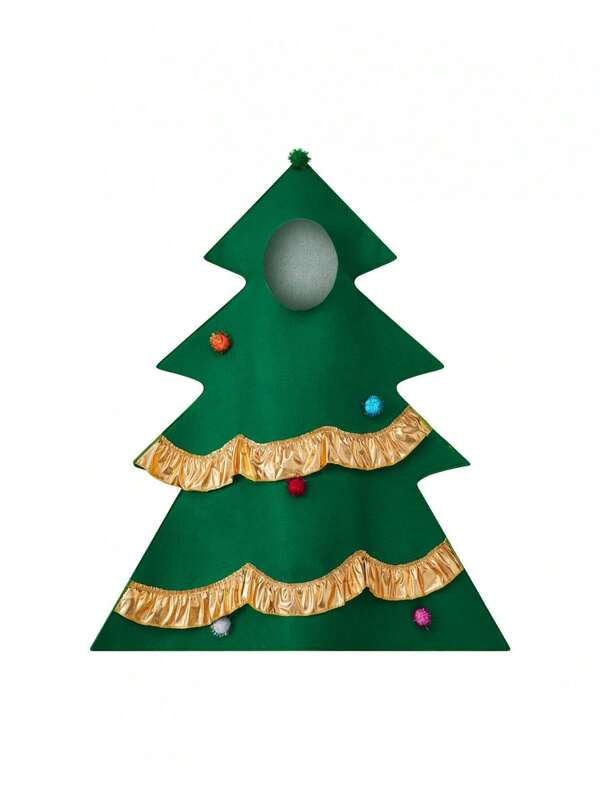 Green Christmas Tree Costume For Kids Sleeveless Hood Romper With Gold Trim And Colorful Plush Balls