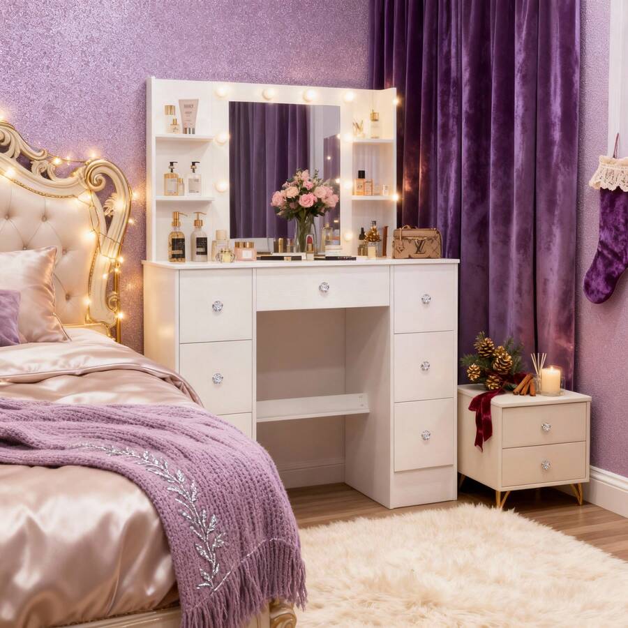 Vanity Table Set Makeup 10 Lighted Mirror Dressing Table Storage Drawers Shelves - White - View 1