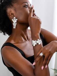 1 Set/1 Pair Fashionable Floral Element Earrings, Ring, Bracelet For Women, Suitable For Party, Daily Wear, Valentine's Day, Wedding, New Year, Mother's Day