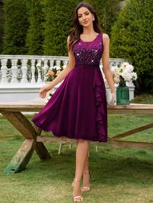MIUSOL Deep V-Neck Sequin Lace Ruffle Hem Chiffon Ballgown Wedding Party - Maroon - View 11