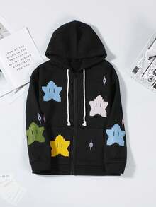 هودي فضفاض للشارع، كم طويل مطبوع، سحاب وسحاب للسيدات، طراز Y2K