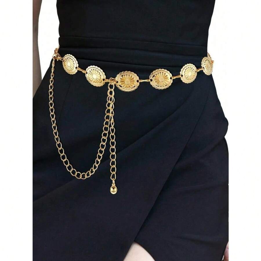 1pc Women Vintage High-End Printed Versatile Dress, Shorts & Waist Chain Set, Suitable For Summer Summer, School Fall, Autumn, Halloween - 金色 - 查看 1