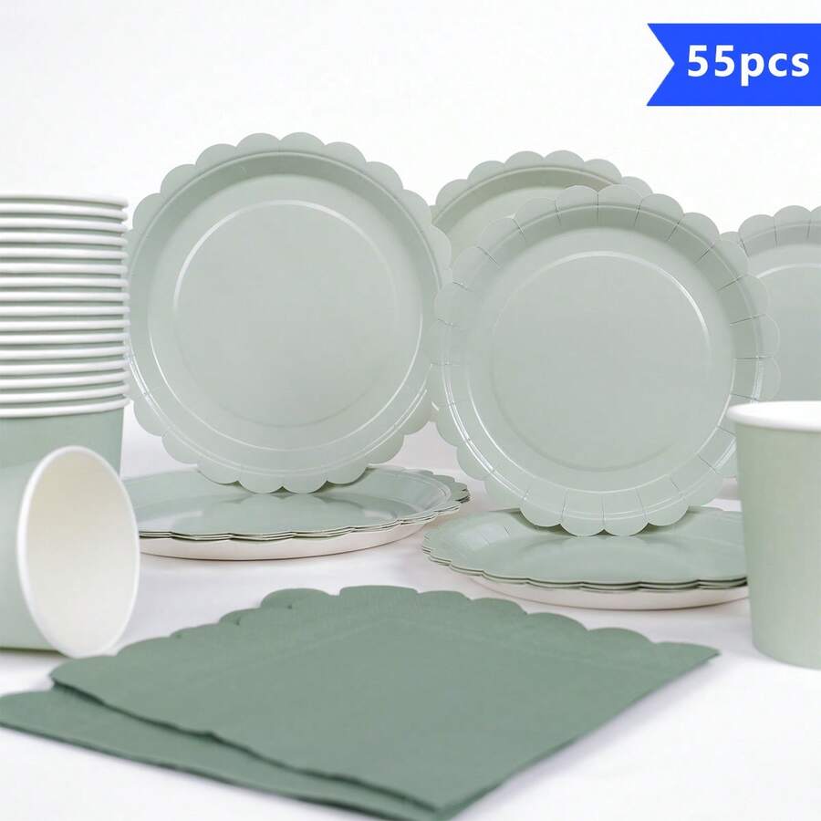 Bộ 10 đĩa, khăn ăn, cốc, đĩa, khăn ăn và cốc dùng một lần hình cánh hoa màu xanh lá cây xô thơm, đồ dùng tiệc tùng, phù hợp cho 10 khách, đĩa giấy dùng một lần, đồ dùng tiệc tùng cho sinh nhật, đám cưới, tiệc tùng, dã ngoại gia đình - Nhiều màu - Xem 1