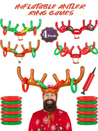 4set-Christmas Games, Inflatable Reindeer Antler Ring Toss Game, Stocking Stuffers, Inflatable Reindeer Antler Ring Toss Game, Christmas Party Antler Hat Games For Family,Christmas Party Games Fun Xmas Gifts Carnival Holiday Family