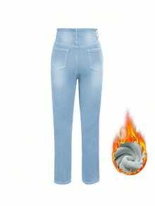 女士休闲直筒牛仔裤，带拉链，保暖内衬，中度弹力面料 - 淺色水洗藍 - 查看 8