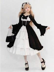 European And American Medieval Retro Gothic Court Dress With Square Collar, Waist Cinched, And Spliced Bow Tie Dress, Lolita Costume - 黑與白 - 查看 7