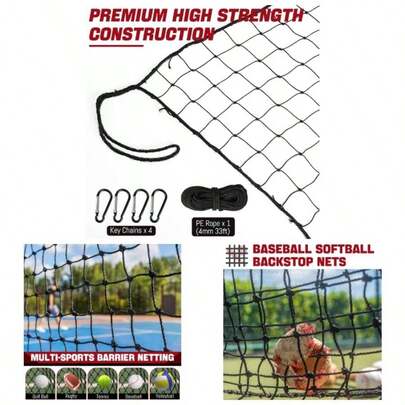 Baseball Softball Practice Backstop Barrier - Sizes 10x20 FT, 10x15 FT, 10x10 FT - Heavy Duty Nylon Training Net Batting Cage, Backyard - 33FT Rope Safety Key Chains
