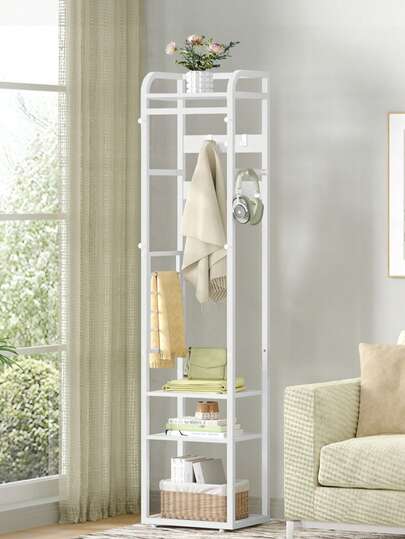 HEXCELEN Garderobenständer, Kleiderständer mit 4 Ablagen und 13 Haken, Aufbewahrungsregal mit Umkehrbaren Ablagen, Garderobe, 30 x 40 x 186 cm, für Schlafzimmer, Wohnzimmer, Flur, Weiß