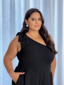 Women's Plus Size Curve Jumpsuit, Long, One-Shoulder, With Bow In Duna Print, Elegant For Parties - Black - View 8