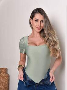 Women's Bodysuit With Square Neckline, Princess Sleeves, Spandex Fabric, Summer Fashion Style - 水綠色 - 查看 1