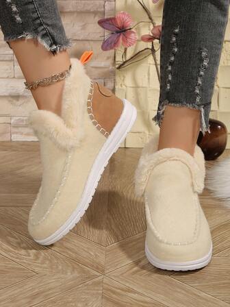 Cross-Border New Fashion Plush Thermal Lined Snow Boots For Women, Warm Lining Boots, Flat Patchwork Short Tube High-Top Outdoor Casual Furry Shoes