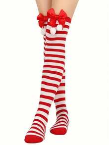 1双女士蝴蝶结、绒球、条纹过膝圣诞袜 - 紅色 - 查看 2
