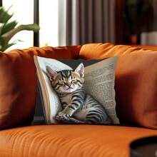 1Pc Cozy Cat On Book Throw Pillow Cover - 17.7x17.7 Inches, 100% Polyester, Single-Side Print, Zipper Closure & Machine Washable, Naptime Novelty Decor For Living Room & Bedroom, Sleeping Kitten Design, No Insert Included, Home Room Decoration