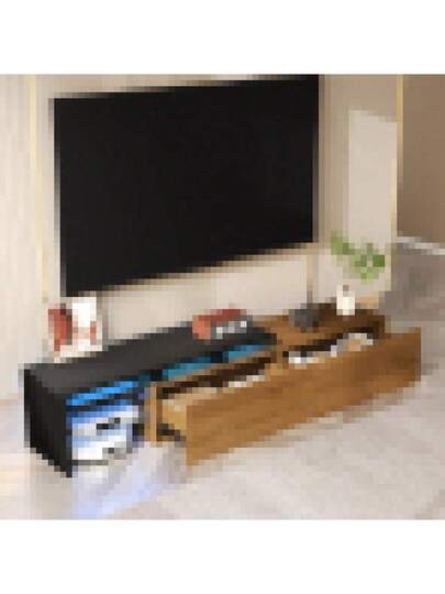 Moderne TV Unit Elegante Stylish, Practical Storage, Black, Wood Look, Glass Shelves, Lighting view 3