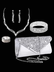 Zestaw 5-częściowy: torebka damska na imprezę z kryształkami, kopertówka, bransoletka, kolczyki, naszyjnik i pierścionek