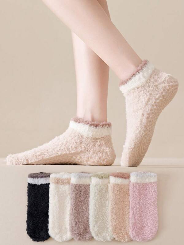 2 pares/1 par de calcetines de barco de felpa coral a rayas multicolor para mujer, cálidos para el invierno, adecuados para uso diario