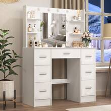 Dressing Table With Led Mirror Storage Drawers Makeup Desk Vanity Table Lights - White - View 5