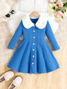 Girls Casual Maillard Color Textured Jacquard Knit Long Sleeve Button Front A-Line Dress + Warm Soft Double-Sided Fleece Collar, Casual Yet Elegant, Versatile Layering Dress For Autumn/Winter