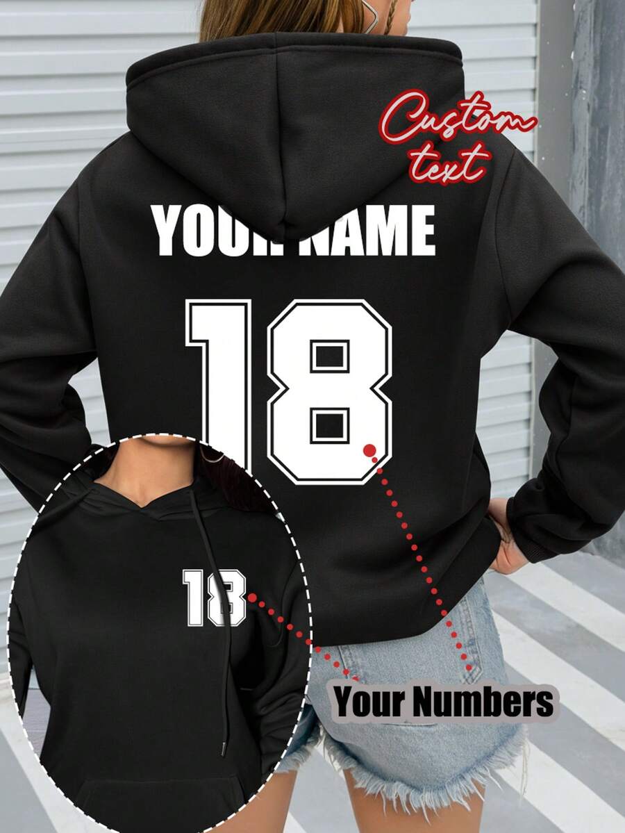 Customized Women's Hooded Fleece Sweatshirt, Customized Front And Back, Can Be Personalized With Your Number Logo, Name/Text/Lucky Number, Black Sweatshirt, Customized With Your Own Sports Logo Number