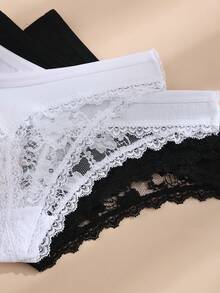 4条装女士黑白性感蕾丝拼接蝴蝶丁字裤，无缝弹力 - 黑與白 - 查看 7