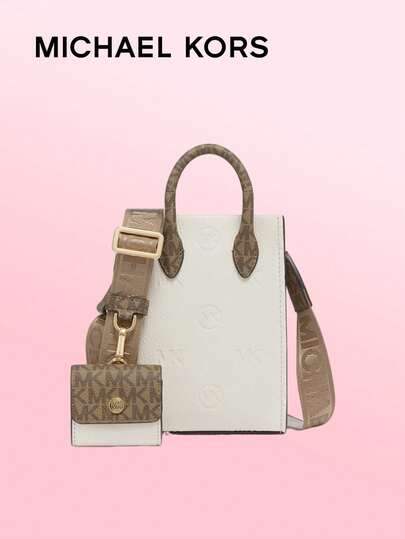 Michael Kors Mini bolso bandolera azul marino celeste de estilo urbano moderno con diseño floral en relieve, correa de hombro ajustable y monedero con bloques de color, accesorio versátil para conjuntos casuales modernos.