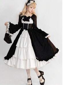 European And American Medieval Retro Gothic Court Dress With Square Collar, Waist Cinched, And Spliced Bow Tie Dress, Lolita Costume - 黑與白 - 查看 6