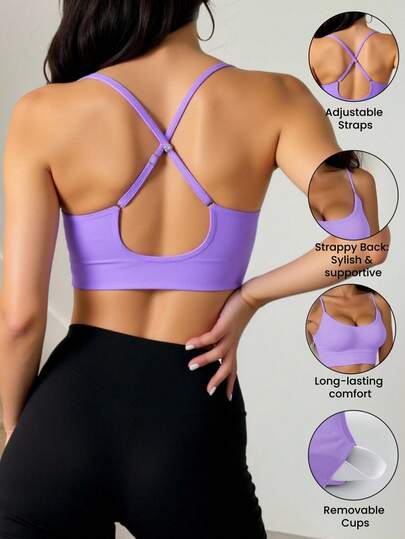 1pc Seamless Adjustable Criss Cross Strap Supportive Sports Bra, Com Tafel Removable Padded Wireless Yoga, Workout Exercise view 5