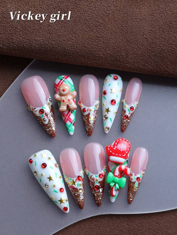 أظافر صناعية 10 قطع أظافر فرنسية متوسطة وطويلة، زينة عيد الميلاد ثلاثية الأبعاد جميلة وملونة مرصعة بالألماس