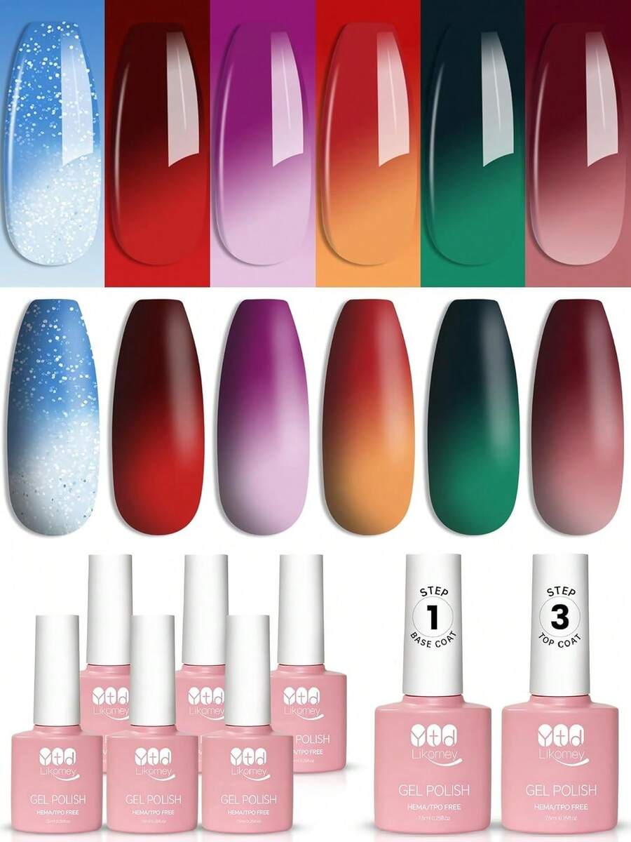 YTD Likomey Esmalte Semipermanente de Uñas en Gel UV LED,6 Colores Pintauñas Permanentes Camaleón Kit de Temperatura Cambio de Color,Rojo Verde con Base y Capa Superior Esmaltes de Uñas,8 Pcs 7.5ml - rosa - Ver 1