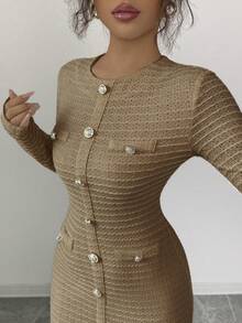 2025 New Women's Solid Color Elegant Knit Fabric Dress, Suitable For Office, Casual, Evening Party, Holiday Wear In Spring And Autumn - Khaki - View 4
