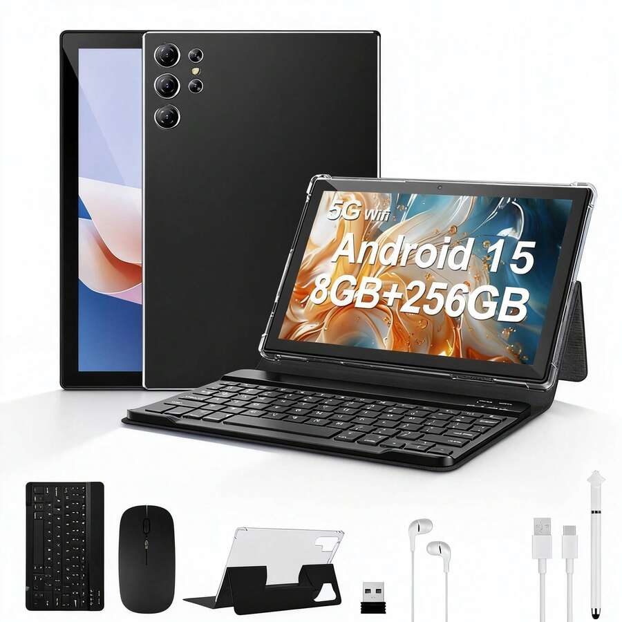 W&O 2025 New 10.1-Inch Tablet PC, Android 15 Operating System, 2-In-1 Tablet With Keyboard, Mouse, Protective Case, Stylus, 256GB ROM + 8GB RAM, Supports 1TB Memory Card Expansion, 5+16MP Camera, Octa-Core Processor, 8000Mah Battery, 1280*800 IPS HD Display, Tab, Wi-Fi 6, Tablet, Tablet, Pad - màu đen - Xem 1
