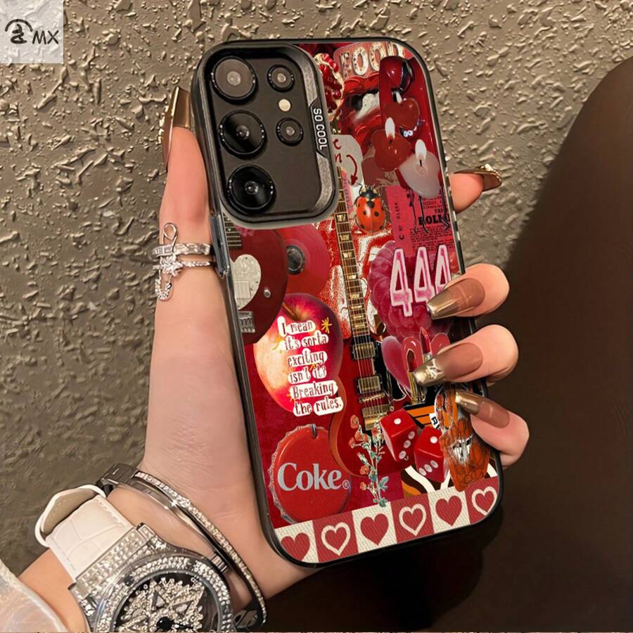 Diseño de patrón de patchwork de tema rojo adecuado para fundas de teléfono Galaxy S25ULTRA, S24PLUS, S23FE, S21PRO, S22, S20+, A03S, A05S, A14, A31, A53, A34, A10, A04E, M04, A33, A35, A55, A72, A71, A70, A22, A16, A06, A20S, A54, funda especial para teléfono , anti-suciedad, a la moda, moderna, color plata IMD. - Colores mixtos - Ver 1