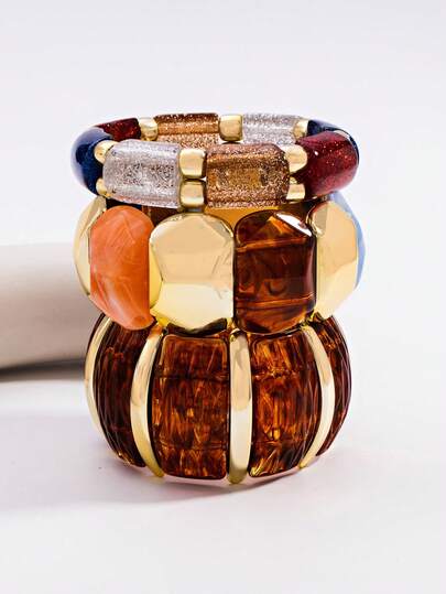 Braccialetto a fascia largo elastico in acrilico, braccialetto alla moda vintage con perline, per donne