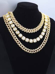3pcs/Set Cuban Chain Layered Necklace Set,Hip Hop Punk Style Jewelry Set,Multi-Layer Plating,Perfect Street Dress Up For Cool People - A - View 7
