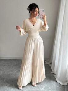 Mono elegante de pierna ancha con escote cruzado en V, mangas tipo murciélago y pliegues, en color liso para mujer - Albaricoque - Ver 6